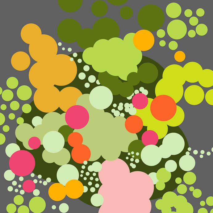 Green Geometric Abstract Bouquet print featuring vibrant circular motifs in earthy greens and playful pastels.