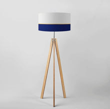 Load image into Gallery viewer, Navy and gold lines drum lampshade, Gold Lining, Diameter 40cm (16&quot;) and 45cm (18&quot;)