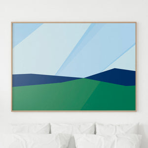 Minimalist art print titled 'By the Sea' featuring a serene ocean scene with simple lines and calming colours.