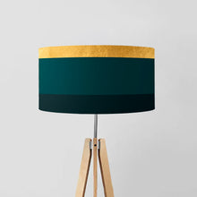 Load image into Gallery viewer, Gold and Shades of Green Stripes drum lampshade, Gold Lining, Diameter 45cm (18&quot;)
