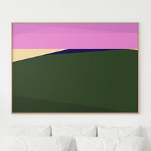 Load image into Gallery viewer, This mesmerizing print features a bold and vibrant composition of warm greens and lilacs, capturing the essence of the sun setting over the water