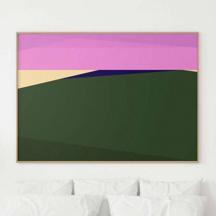 This mesmerizing print features a bold and vibrant composition of warm greens and lilacs, capturing the essence of the sun setting over the water
