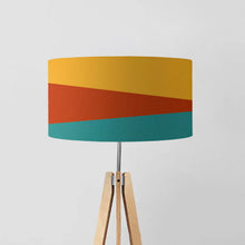 Load image into Gallery viewer, drum lampshade features a minimalist design with stripes in shades of mustard, terracotta, and tiffany blue.