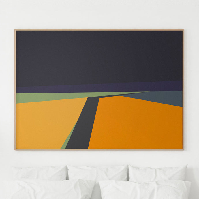 art print showcases a contemporary geometric design featuring a journey through fields.