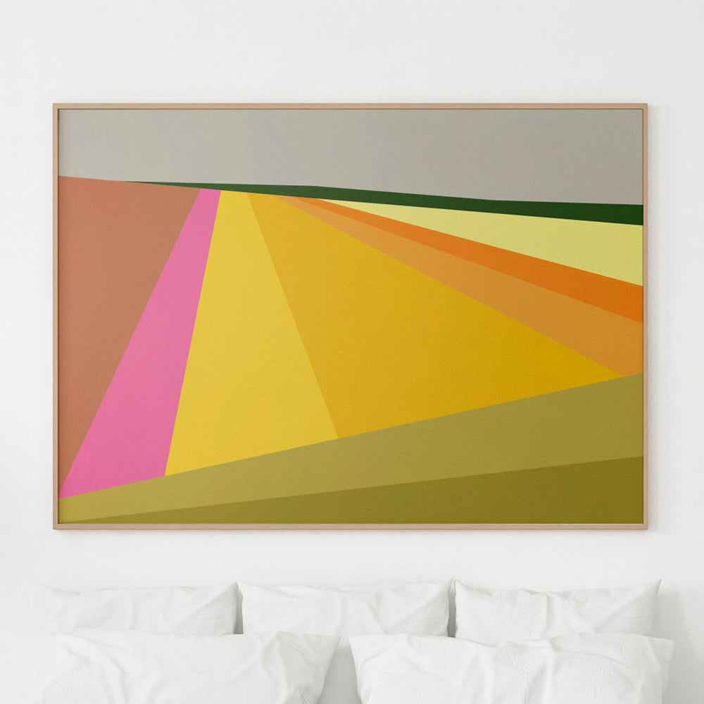 This is a contemporary art print that features a unique geometric design that depicts an uphill landscape.